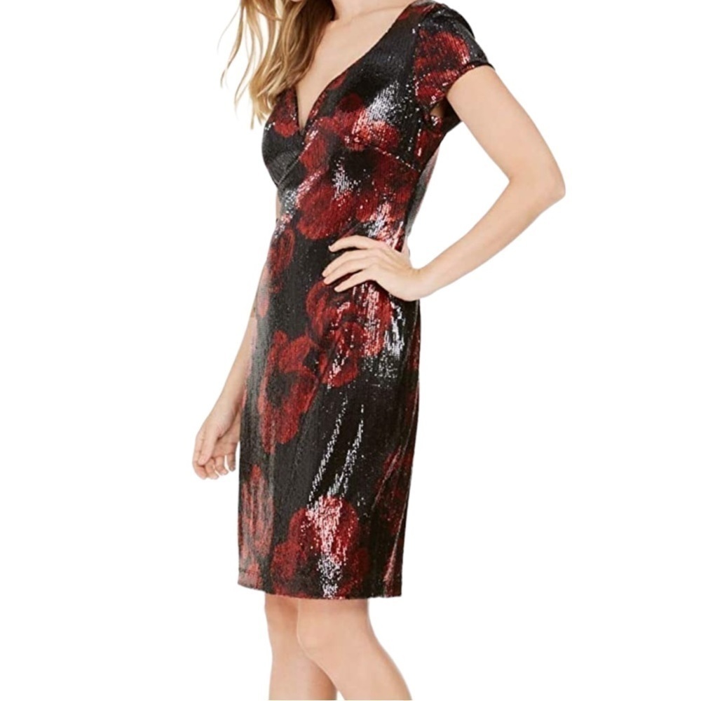 Connected Apparel Black and Red Sequin Midi Dress